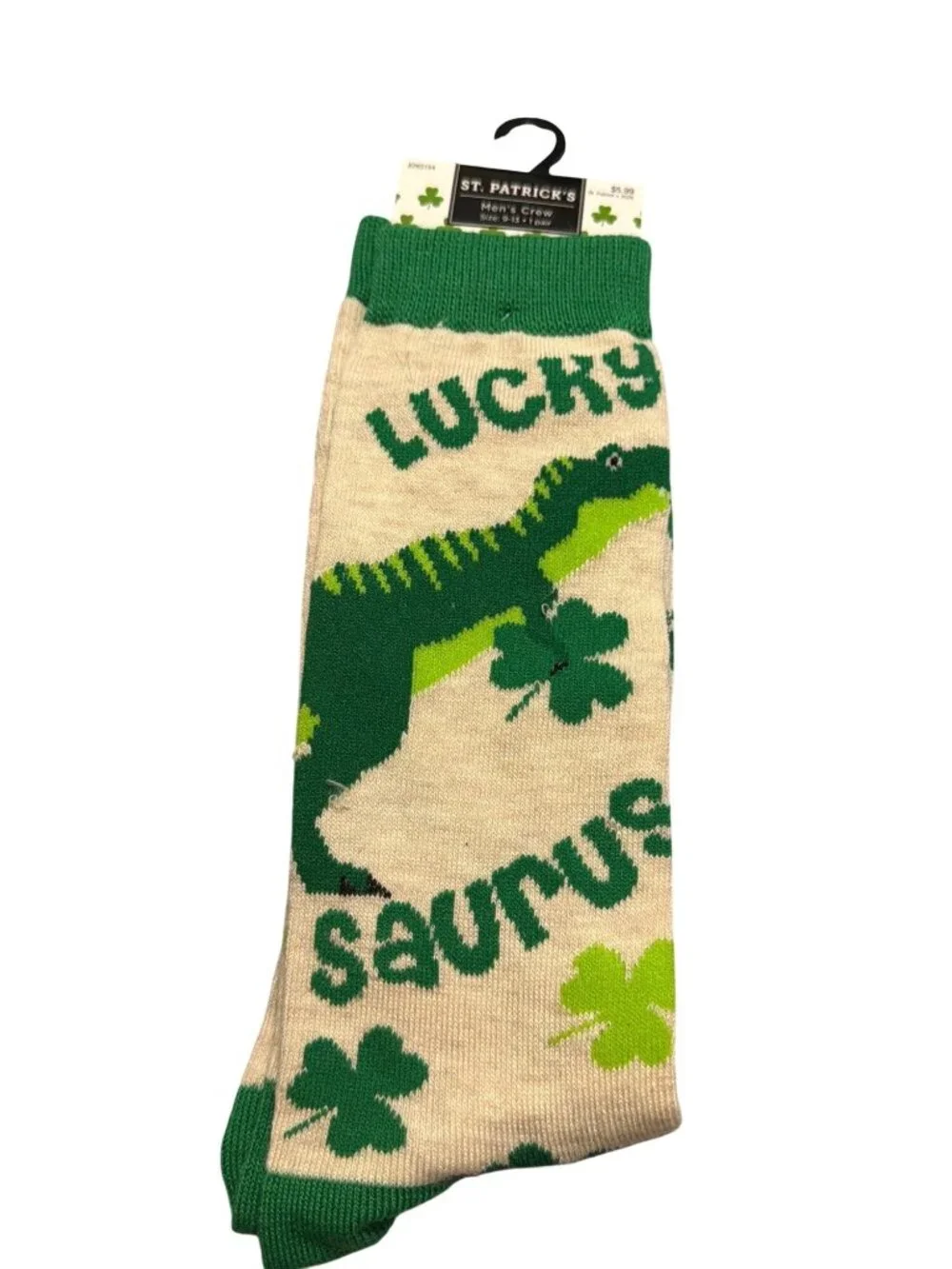 St. Patricks Mens Crew Socks Lucky Saurus Dinosaur Shamrocks Green New